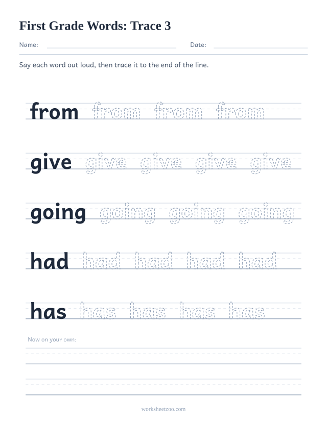 Sight words tracing worksheet, First Grade words from, give, going, had, has on handwriting guides