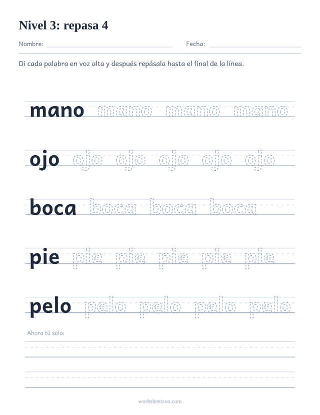 Ficha de lectura para repasar las palabras mano, ojo, boca, pie, pelo sobre pauta
