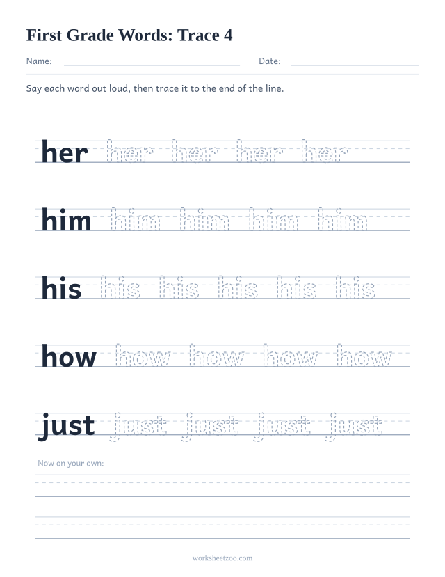 Sight words tracing worksheet, First Grade words her, him, his, how, just on handwriting guides