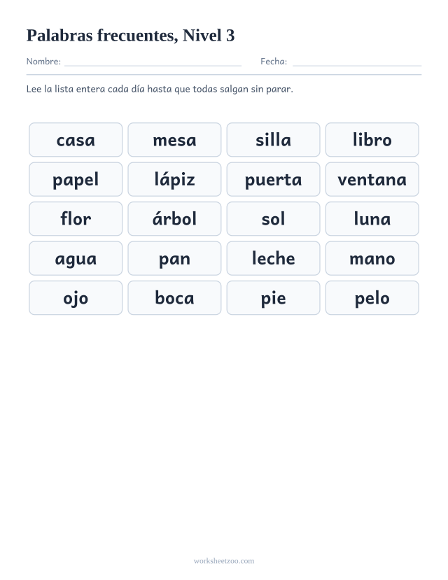 Lista de palabras de uso frecuente del Nivel 3, las 20 palabras en una lámina para imprimir