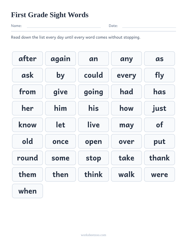 Dolch sight words list for First Grade level, all 41 words in a printable reference chart