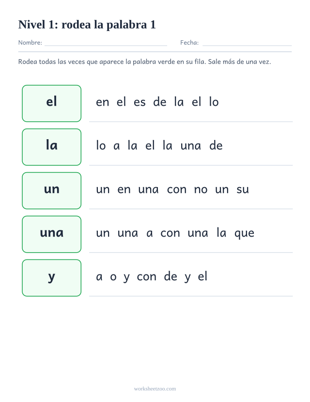 Ficha de lectura para localizar el, la, un, una entre palabras parecidas del Nivel 1
