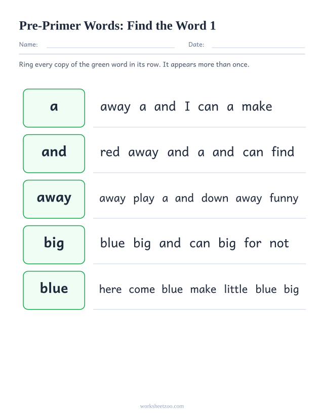 Sight words recognition worksheet, finding a, and, away, big among lookalike Pre-Primer words