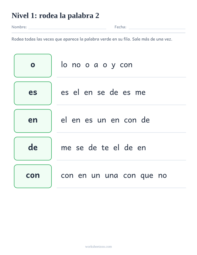 Ficha de lectura para localizar o, es, en, de entre palabras parecidas del Nivel 1