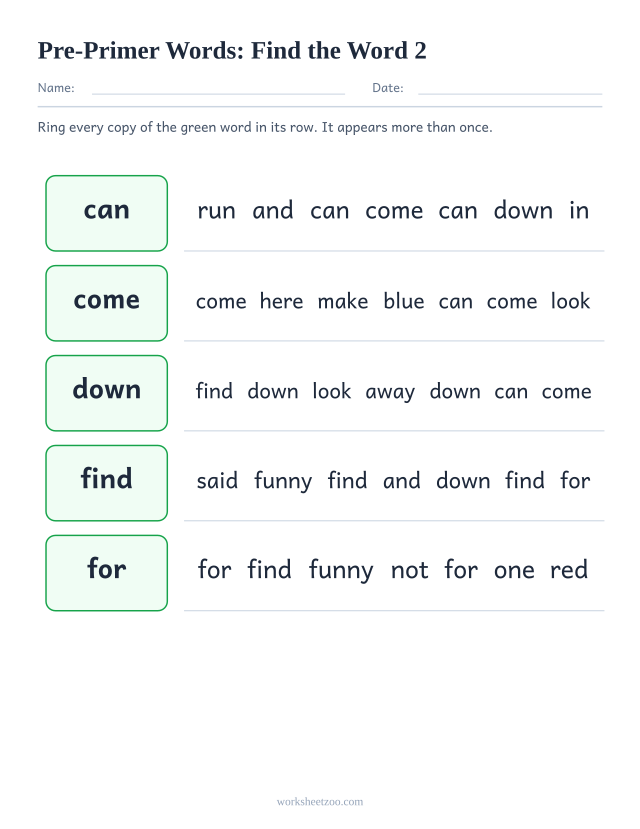 Sight words recognition worksheet, finding can, come, down, find among lookalike Pre-Primer words