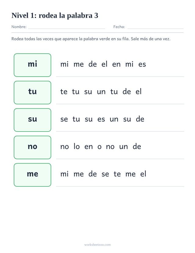 Ficha de lectura para localizar mi, tu, su, no entre palabras parecidas del Nivel 1