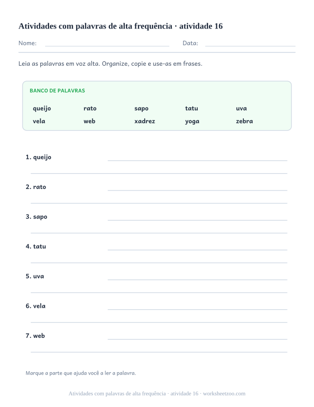 Prévia de Atividades com palavras de alta frequência, atividade 16 para imprimir