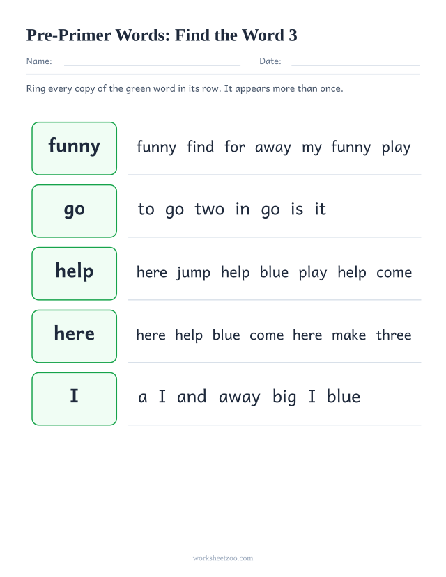 Sight words recognition worksheet, finding funny, go, help, here among lookalike Pre-Primer words