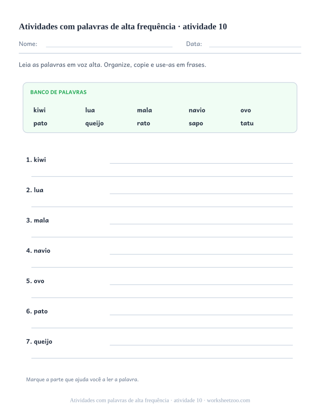 Prévia de Atividades com palavras de alta frequência, atividade 10 para imprimir