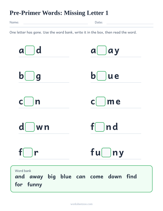 Sight words missing letter worksheet, ten Pre-Primer words such as and, away, big, blue with one letter blanked