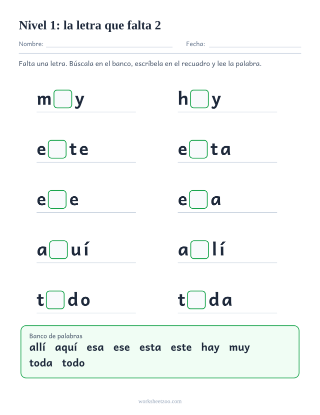 Ficha de lectura con la letra que falta en diez palabras del Nivel 1 como muy, hay, este, esta