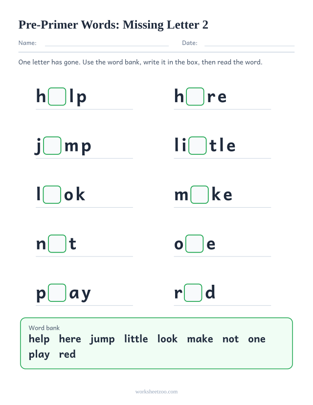Sight words missing letter worksheet, ten Pre-Primer words such as help, here, jump, little with one letter blanked