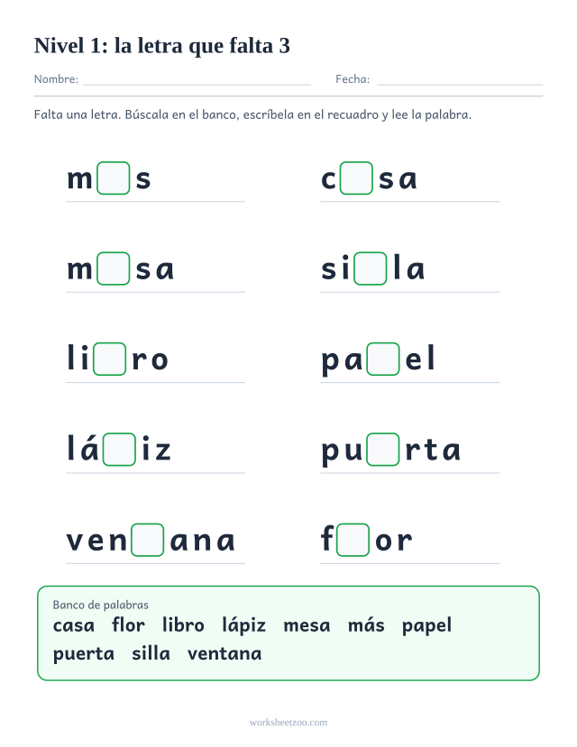 Ficha de lectura con la letra que falta en diez palabras del Nivel 1 como más, casa, mesa, silla