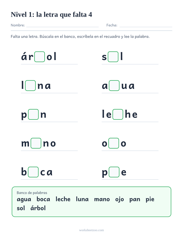 Ficha de lectura con la letra que falta en diez palabras del Nivel 1 como árbol, sol, luna, agua