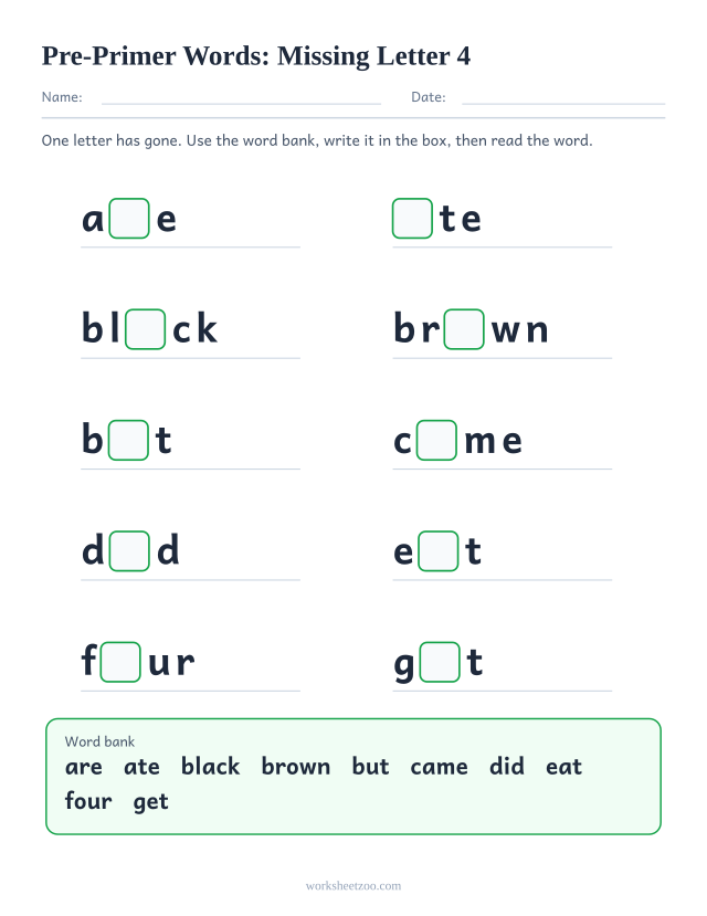 Sight words missing letter worksheet, ten Pre-Primer words such as are, ate, black, brown with one letter blanked
