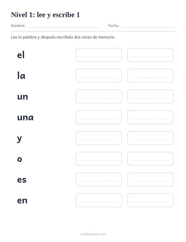 Ficha de lectura para leer y escribir ocho palabras del Nivel 1, entre ellas el, la, un, una