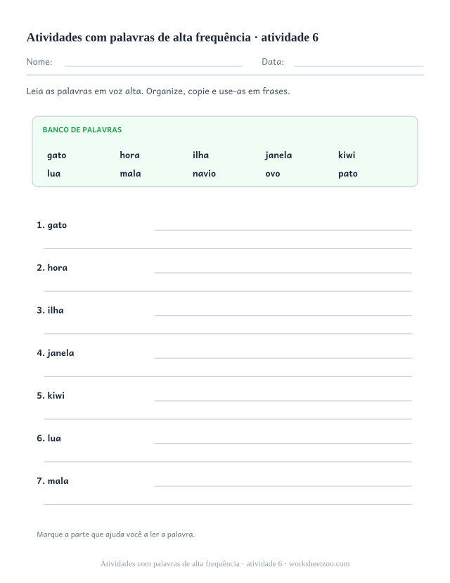 Prévia de Atividades com palavras de alta frequência, atividade 6 para imprimir