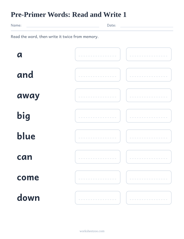 Sight words read and write worksheet, eight Pre-Primer words including a, and, away, big