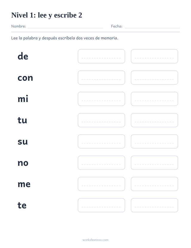 Ficha de lectura para leer y escribir ocho palabras del Nivel 1, entre ellas de, con, mi, tu