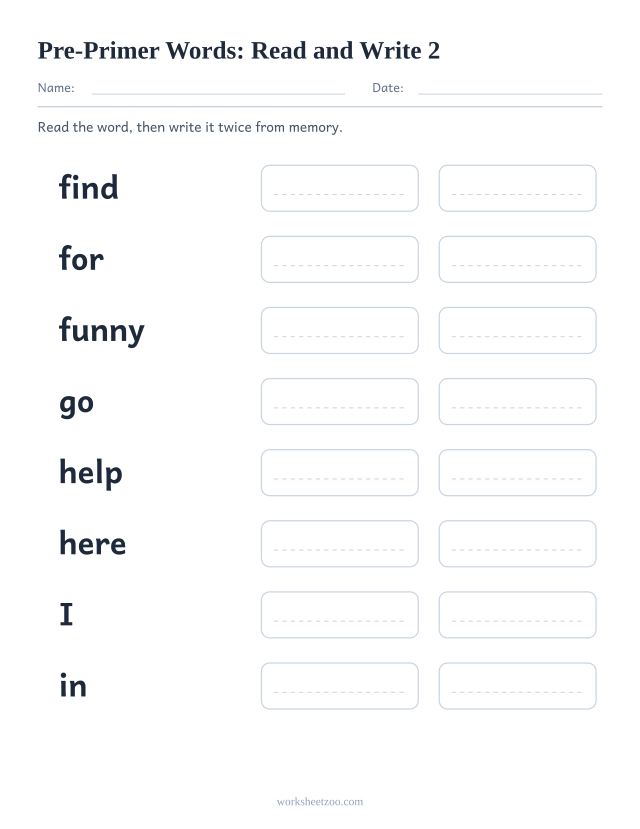 Sight words read and write worksheet, eight Pre-Primer words including find, for, funny, go