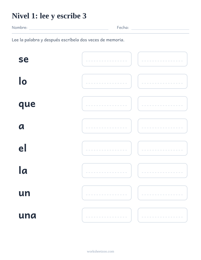 Ficha de lectura para leer y escribir ocho palabras del Nivel 1, entre ellas se, lo, que, a