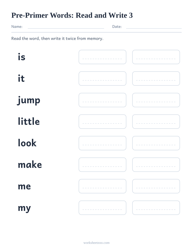 Sight words read and write worksheet, eight Pre-Primer words including is, it, jump, little