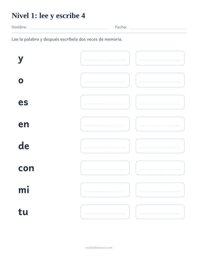 Ficha de lectura para leer y escribir ocho palabras del Nivel 1, entre ellas y, o, es, en