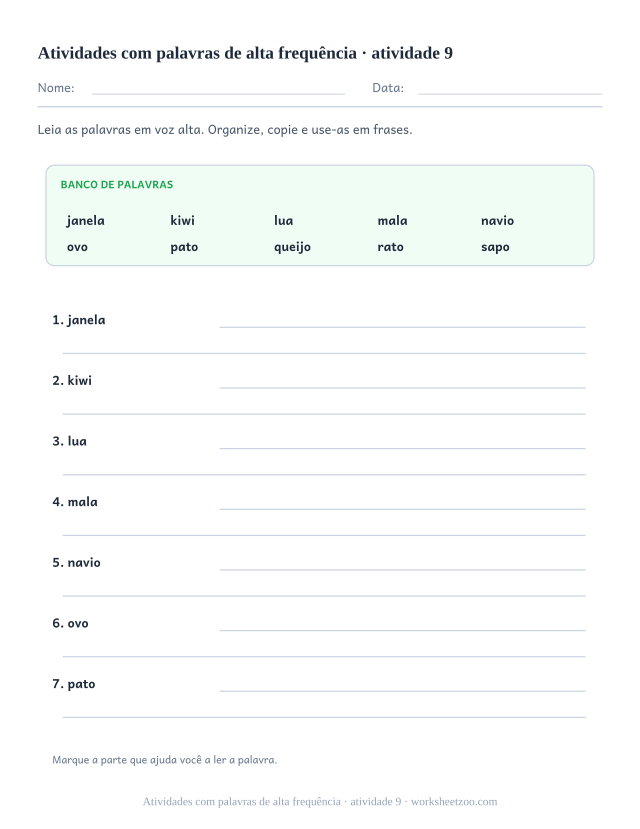 Prévia de Atividades com palavras de alta frequência, atividade 9 para imprimir
