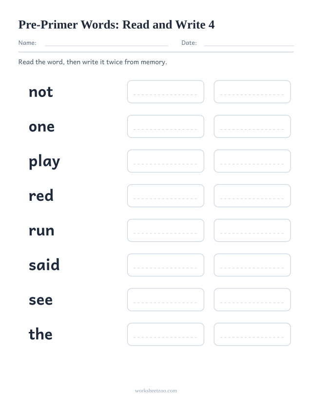 Sight words read and write worksheet, eight Pre-Primer words including not, one, play, red