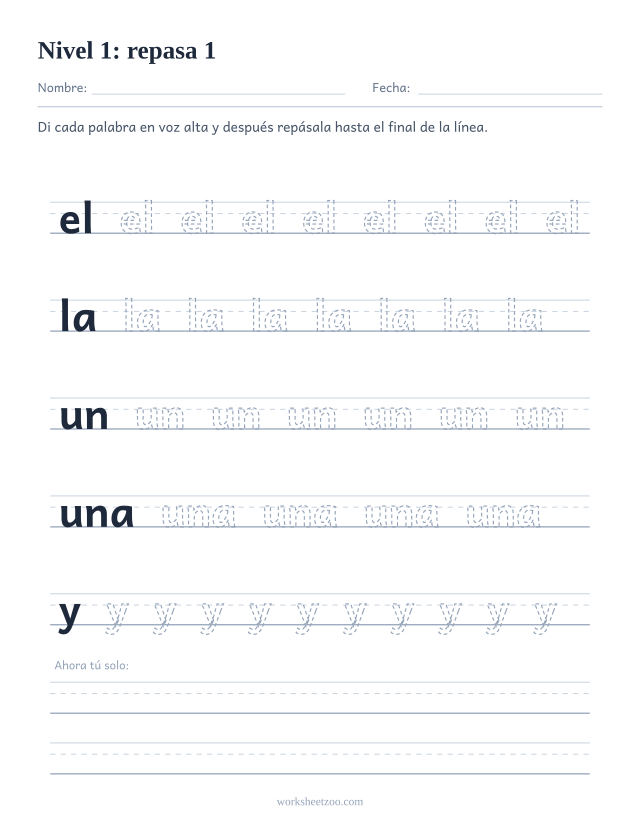 Ficha de lectura para repasar las palabras el, la, un, una, y sobre pauta