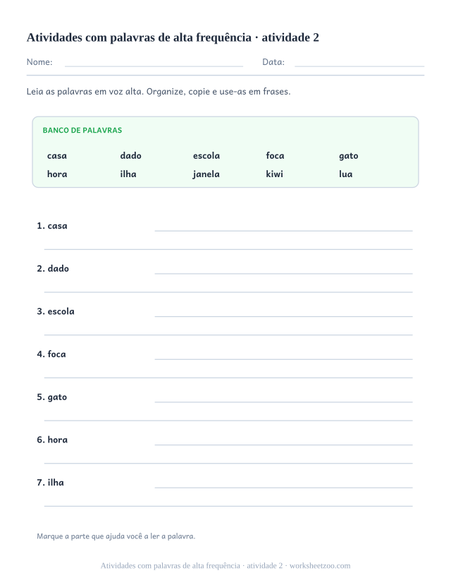 Prévia de Atividades com palavras de alta frequência, atividade 2 para imprimir