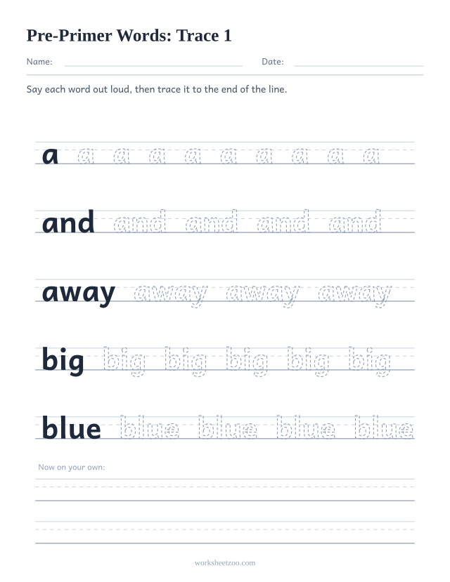Sight words tracing worksheet, Pre-Primer words a, and, away, big, blue on handwriting guides