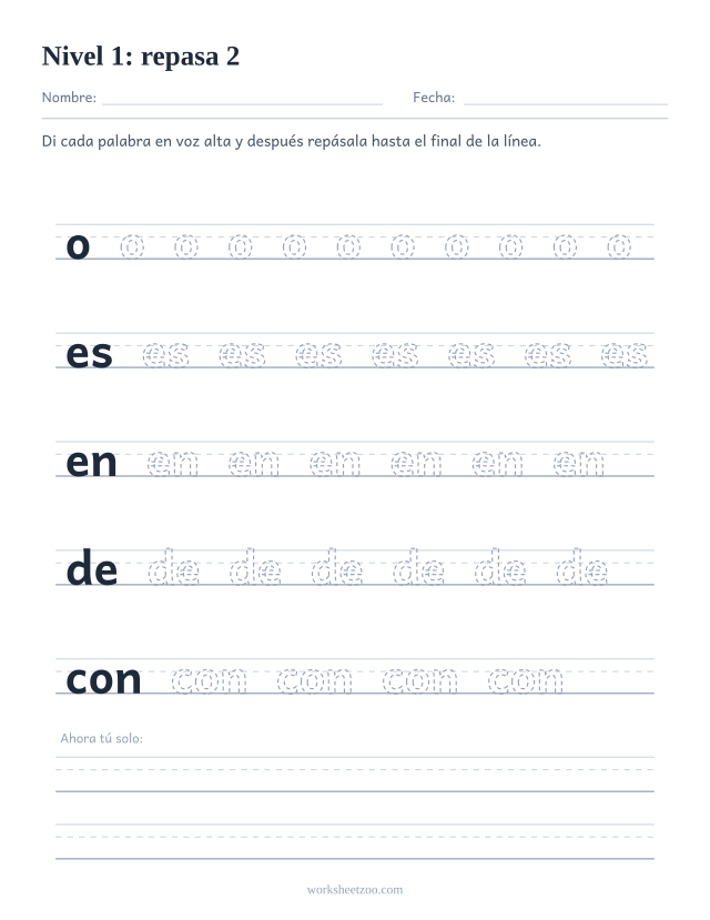Ficha de lectura para repasar las palabras o, es, en, de, con sobre pauta