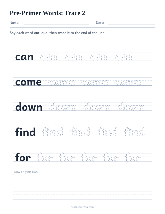 Sight words tracing worksheet, Pre-Primer words can, come, down, find, for on handwriting guides