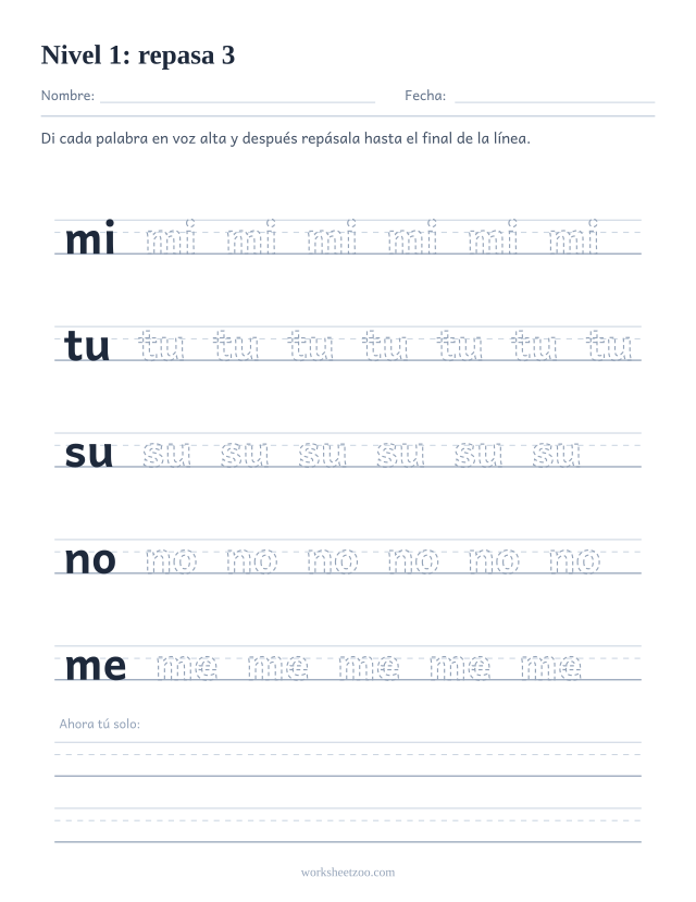 Ficha de lectura para repasar las palabras mi, tu, su, no, me sobre pauta