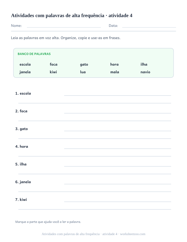 Prévia de Atividades com palavras de alta frequência, atividade 4 para imprimir