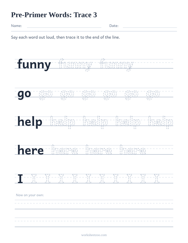 Sight words tracing worksheet, Pre-Primer words funny, go, help, here, I on handwriting guides