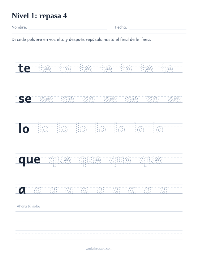 Ficha de lectura para repasar las palabras te, se, lo, que, a sobre pauta
