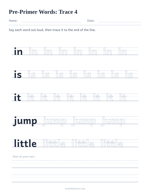 Sight words tracing worksheet, Pre-Primer words in, is, it, jump, little on handwriting guides