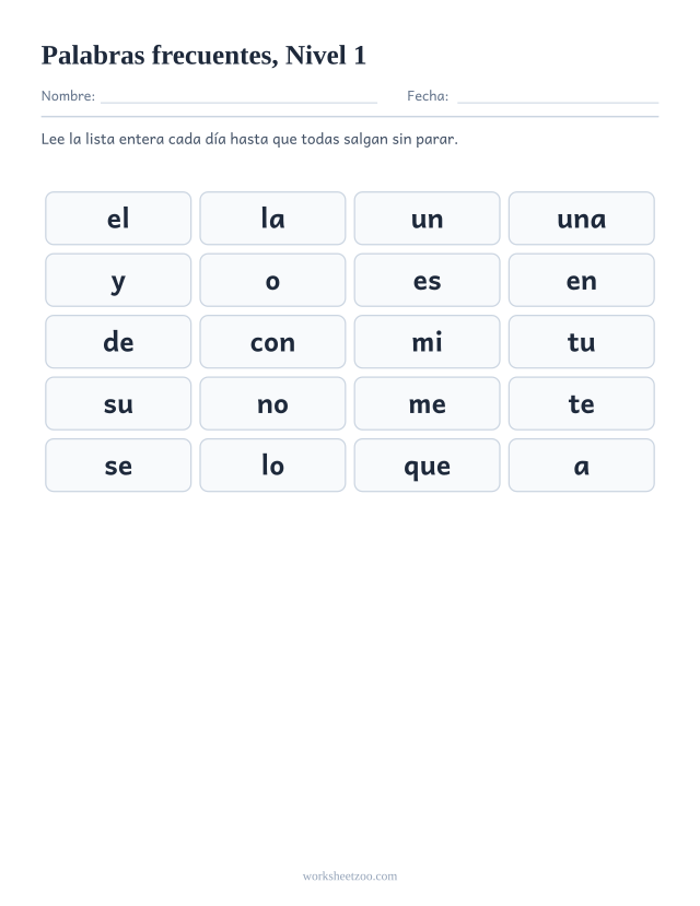 Lista de palabras de uso frecuente del Nivel 1, las 20 palabras en una lámina para imprimir