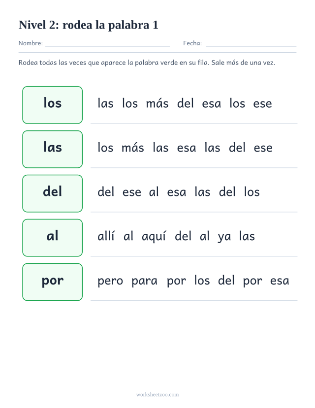 Ficha de lectura para localizar los, las, del, al entre palabras parecidas del Nivel 2