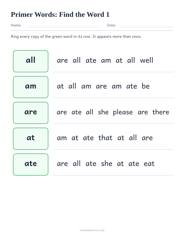 Sight words recognition worksheet, finding all, am, are, at among lookalike Primer words