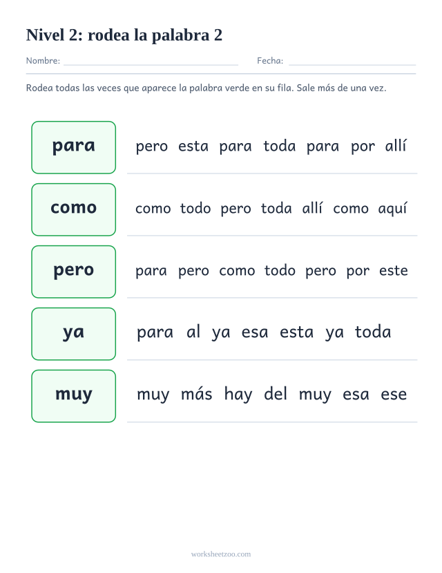 Ficha de lectura para localizar para, como, pero, ya entre palabras parecidas del Nivel 2
