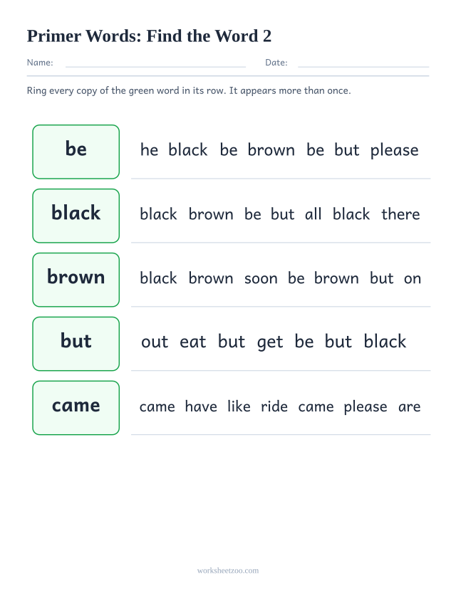 Sight words recognition worksheet, finding be, black, brown, but among lookalike Primer words