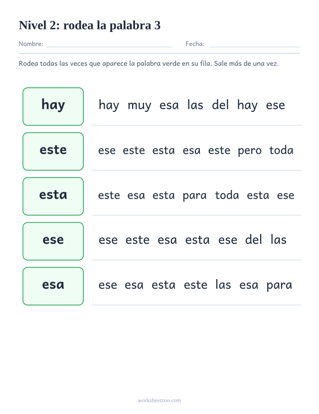 Ficha de lectura para localizar hay, este, esta, ese entre palabras parecidas del Nivel 2