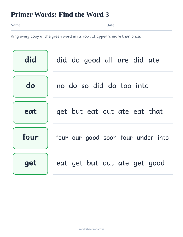 Sight words recognition worksheet, finding did, do, eat, four among lookalike Primer words