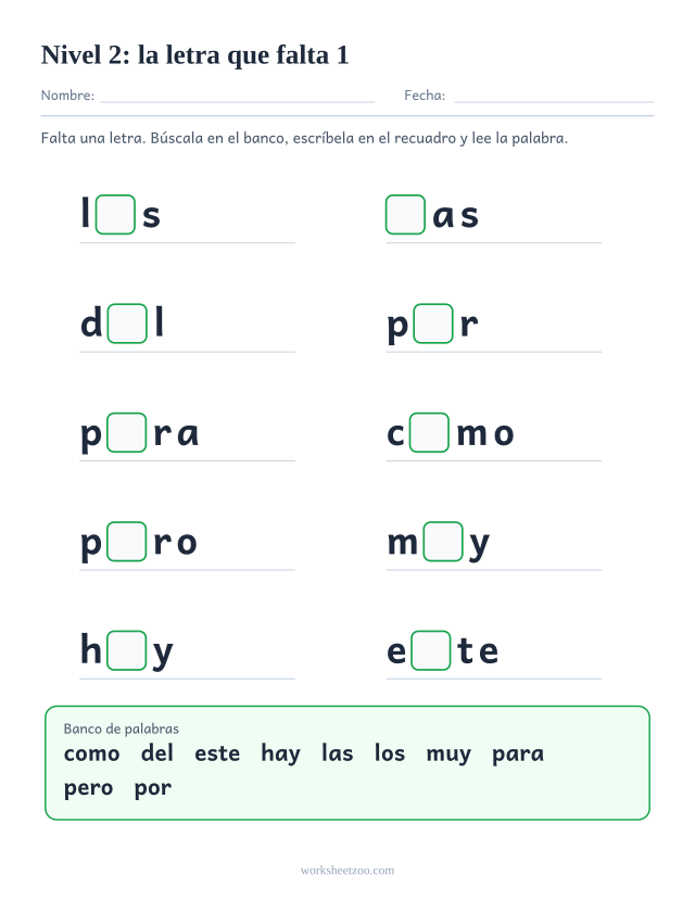 Ficha de lectura con la letra que falta en diez palabras del Nivel 2 como los, las, del, por