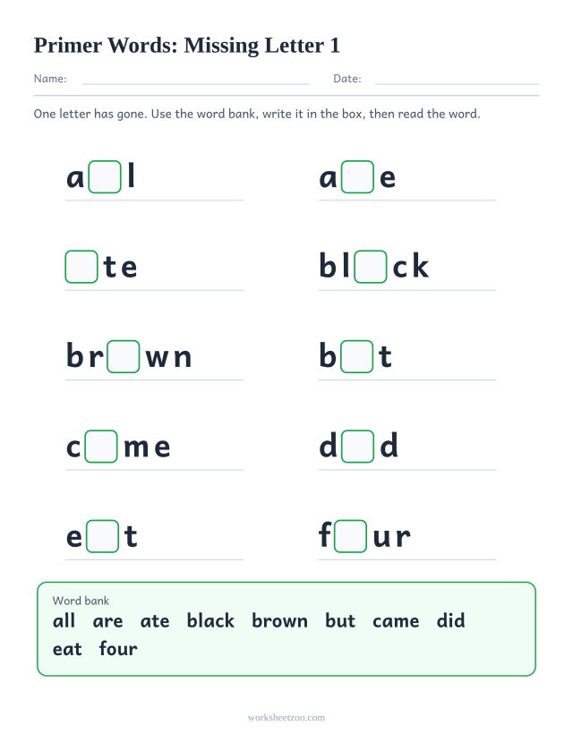 Sight words missing letter worksheet, ten Primer words such as all, are, ate, black with one letter blanked