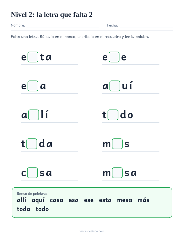 Ficha de lectura con la letra que falta en diez palabras del Nivel 2 como esta, ese, esa, aquí