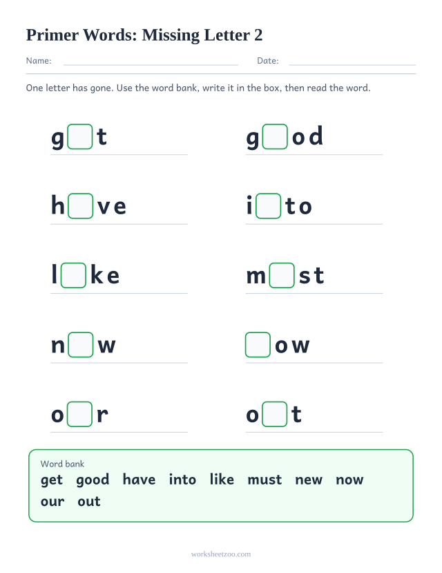 Sight words missing letter worksheet, ten Primer words such as get, good, have, into with one letter blanked